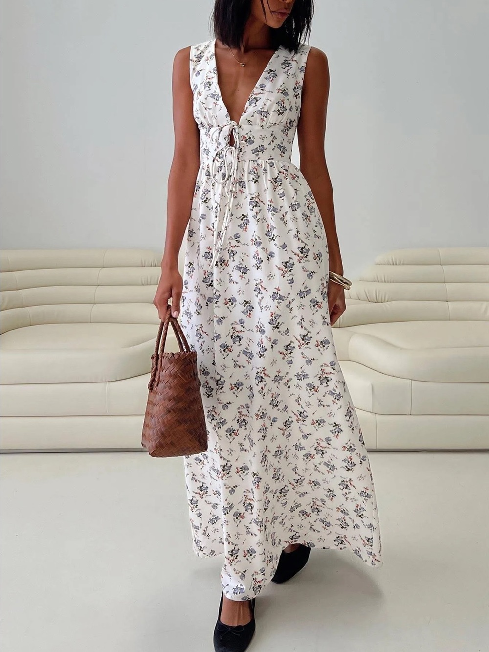 Princess Polly White Floral Tie-Front “Pokey” Maxi Dress